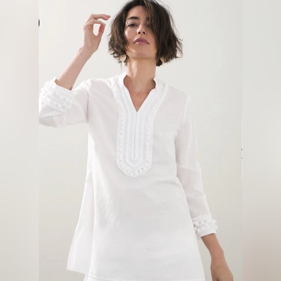 Chico’s Women White Linen Blend Embellished Kurta Tunic Blouse Size 3 (16/18) - Picture 1 of 9